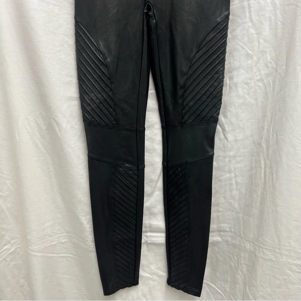 SPANX black faux leather leggings with stripe detail. - Picture 2 of 11